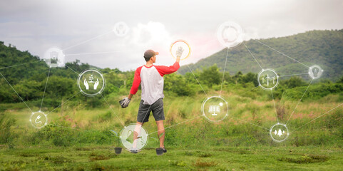 Conservationist stands holding saplings while touching environmental icons with hands. Sustainable Ecology and Environment Concepts