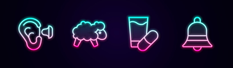 Set line Earplugs and ear, Sheep, Sleeping pill and Ringing bell. Glowing neon icon. Vector