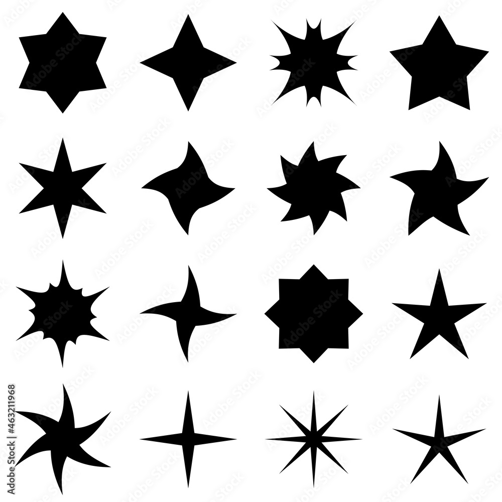 Poster sixteen different black stars. a set of all kinds of stars in black. multi-pointed and five-pointed 