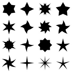 Sixteen different black stars. A set of all kinds of stars in black. Multi-pointed and five-pointed stars, twisted and slender. Vector selection of stars.