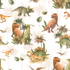 Dinosaur seamless pattern. Watercolor cartoon dino wallpaper on tropical background. Surface design with palm trees and prehistorical reptiles: t-rex, stegosaurus, pterodactil, triceratops