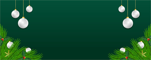 Fototapeta premium Merry christmas banner with green leaf snowflakes and white ball