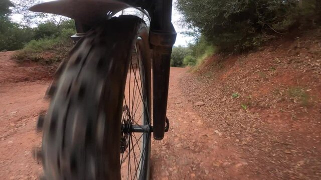 Front mountain bike wheel point of view riding a forest trail