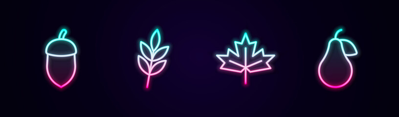 Set line Acorn, Leaf, Canadian maple leaf and Pear. Glowing neon icon. Vector