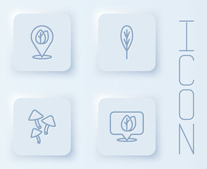 Set line Location with leaf, Leaf, Mushroom and . White square button. Vector