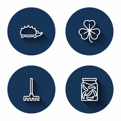 Set line Hedgehog, Clover, Garden rake and Pickled cucumbers in jar with long shadow. Blue circle button. Vector