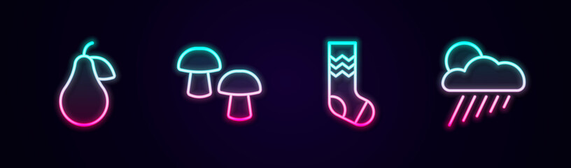 Set line Pear, Mushroom, Socks and Cloud with rain and sun. Glowing neon icon. Vector