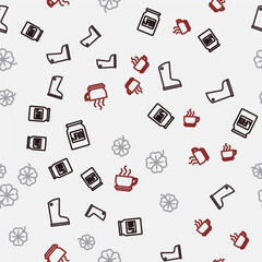 Set line Jam jar, Waterproof rubber boot, Four leaf clover and Coffee cup on seamless pattern. Vector