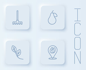 Set line Garden rake, Pear, Leaf and Location with leaf. White square button. Vector
