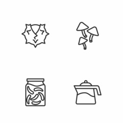 Set line Teapot, Pickled cucumbers in jar, Chestnut and Mushroom icon. Vector