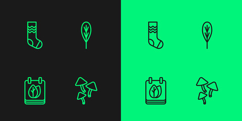 Set line Mushroom, Calendar with autumn leaves, Socks and Leaf icon. Vector