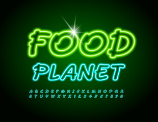 Vector glowing sign Pure Foods. Green Neon Font. Illuminated set of Alphabet Letters and Numbers