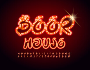 Fototapeta na wymiar Vector Neon Sign Beer House. Handwritten Glowing Font. Electric bright Alphabet Letters and Numbers