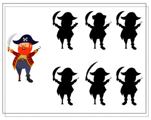 A game for kids find the right shadow, pirate. vector isolated on a white background.