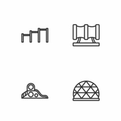 Set line Playground climbing equipment, Slide playground, Sport horizontal bar and Kid slide pipe icon. Vector