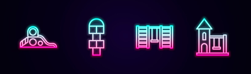 Set line Slide playground, Hopscotch, Swedish wall and Swing for kids. Glowing neon icon. Vector
