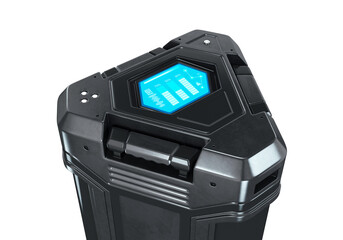 Fototapeta premium Sci-fi futuristic energy cell battery with display, black on white background, 3d render