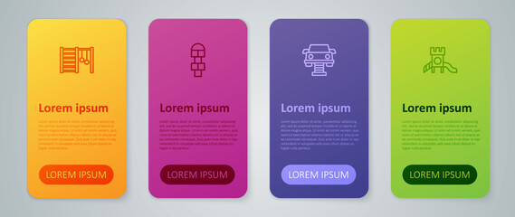 Set line Swing car, Slide playground, Swedish wall and Hopscotch. Business infographic template. Vector