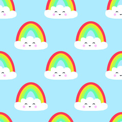 Seamless vector pattern with rainbows and clouds on blue sky