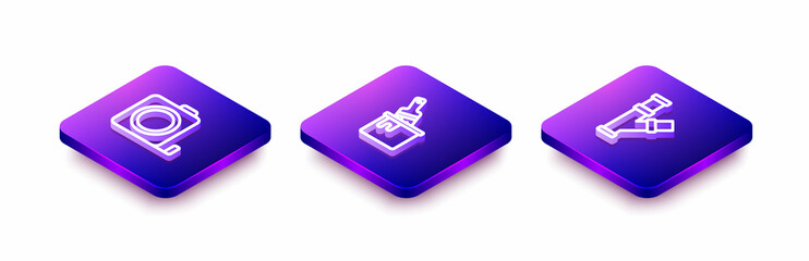Set Isometric line Roulette construction, Paint bucket with brush and Industry metallic pipe icon. Vector