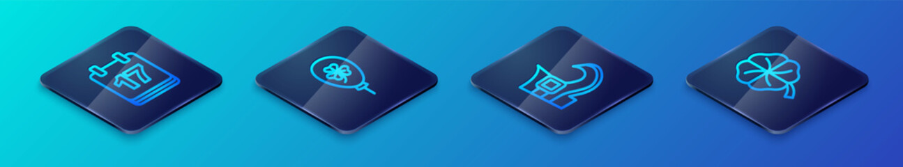 Set Isometric line Leprechaun boot, Saint Patricks day with calendar, Four leaf clover and Balloon trefoil icon. Vector