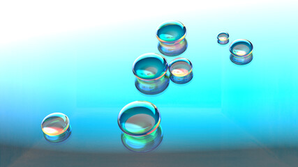 maximum glossy water drops on dielectric blue background - 3D illustration rendering - copy space