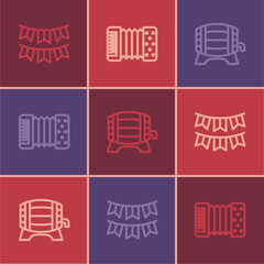 Set line Carnival garland with flags, Wooden barrel on rack and Accordion icon. Vector