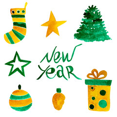 watercolor set New Year festive elements for decoration