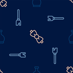 Set line Bottle with potion, Witches broom and Bow tie on seamless pattern. Vector