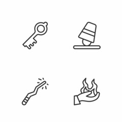 Set line Hand holding fire, Magic wand, Old magic key and Game thimbles icon. Vector