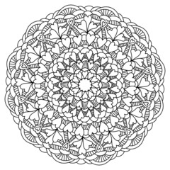 Mandala with hearts and ornate patterns, meditative coloring page for Valentines day