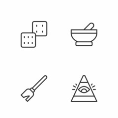 Fototapeta na wymiar Set line All-seeing eye of God, Witches broom, Game dice and cauldron icon. Vector