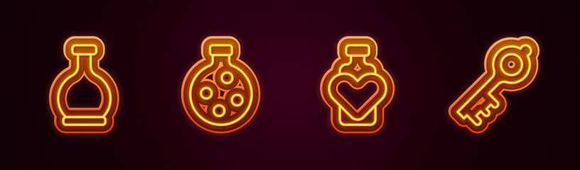 Set line Bottle with potion, love and Old magic key. Glowing neon icon. Vector