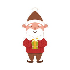 Little gnome gives a gift. Happy Santa helper in a cute winter hat and red sweater. Christmas elf makes a present. Holiday cartoon character for the New Year.