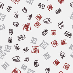 Set line Train ticket, driver hat, Ticket office to buy tickets and railway tunnel on seamless pattern. Vector