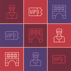 Set line Train conductor, Bridge for train and ticket icon. Vector