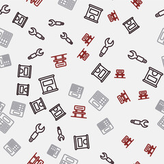 Set line Ticket office to buy tickets, Wrench spanner, Train station board and Waiting hall on seamless pattern. Vector