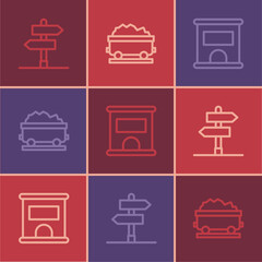 Set line Road traffic sign, Ticket office to buy tickets and Coal train wagon icon. Vector