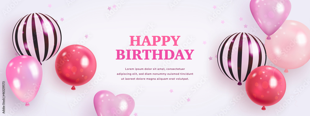 Wall mural vector birthday elegant greeting card or horizontal banner with realistic balloons. vector illustrat