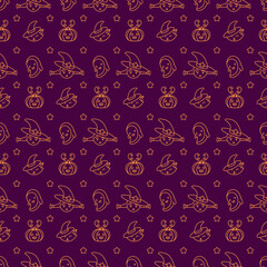 Seamless pattern on the theme of Halloween. contour image of holiday elements: pumpkin, witch, cat, ghost, etc. Seamless pattern. Ideal for printing packaging, postcards, fabrics, websites, templates.