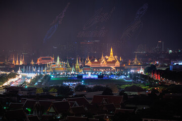 Father Day (King's birthday) have Translator drone show in front of Grand Palace with many people at Sanam Luang, Bangkok Thailand
