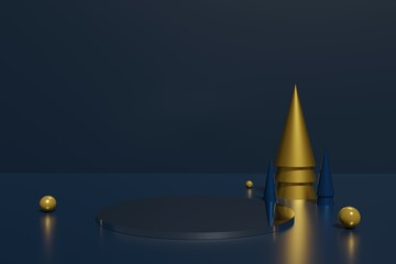 3d render of blue podium and gold cone Christmas trees with golden spheres on a blue background
