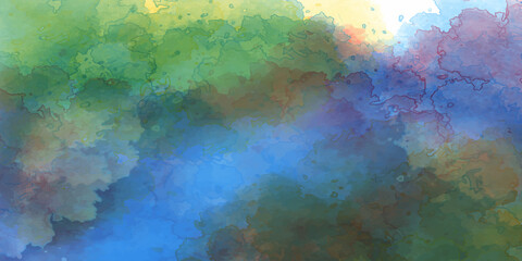 Watercolor painted background with blots and splatters. Brush stroked painting. 2D Illustration.