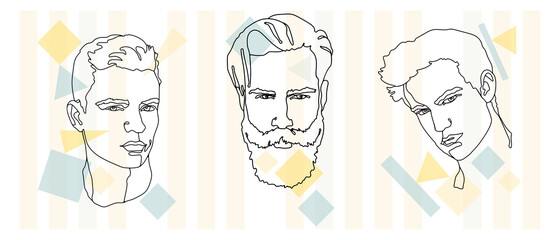 Fototapeta premium Set. Face line art 1, 2, 3. Man and geometry