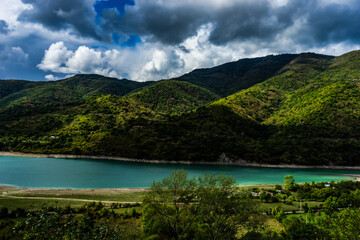 Famous Zhinvali reservoir in Caucasus mountains in Georgia