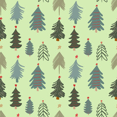 Obraz premium Cute winter season holiday childish seamless pattern with minimalist hand drawn various Christmas tree doodle. Beautiful New Year children naive background design, textile print