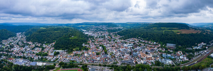 Fototapeta na wymiar Aerial view around the city Merzig on a cloudy day in summer