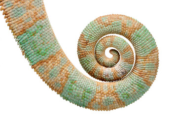 Tail of Veiled chameleon 'Chamaeleo calyptratus) on a white background
