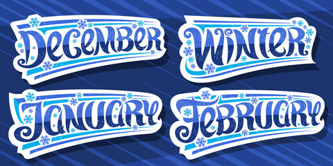 Vector set for Winter, white logos with curly calligraphic font, illustration of falling snow flakes and decorative stripes, collection of cut out badges with unique brush lettering on blue background