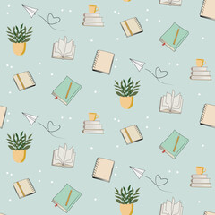 Notebooks, journals, plants, books
